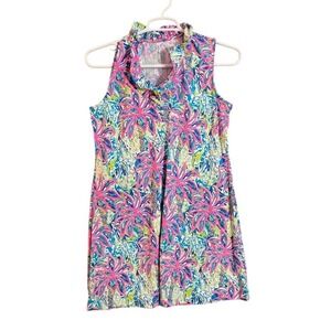 LuluB Sleeveless Collared Dress Palm Print Pink Blue Green Size L